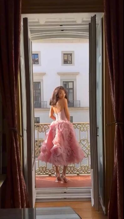 Glamorous Pink Tulle 3D Floral A Line Long Party Dress Strapless Long Evening Dress D4294