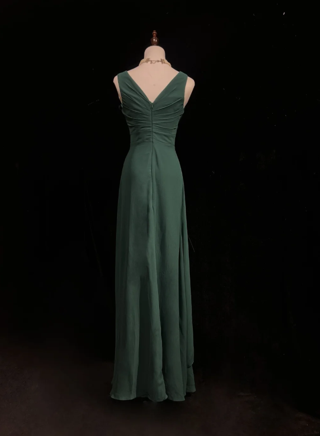 Vintage V Neck Dark Green Chiffon Long Wedding Guest Dress Formal Evening Dress Prom Gowns D2059