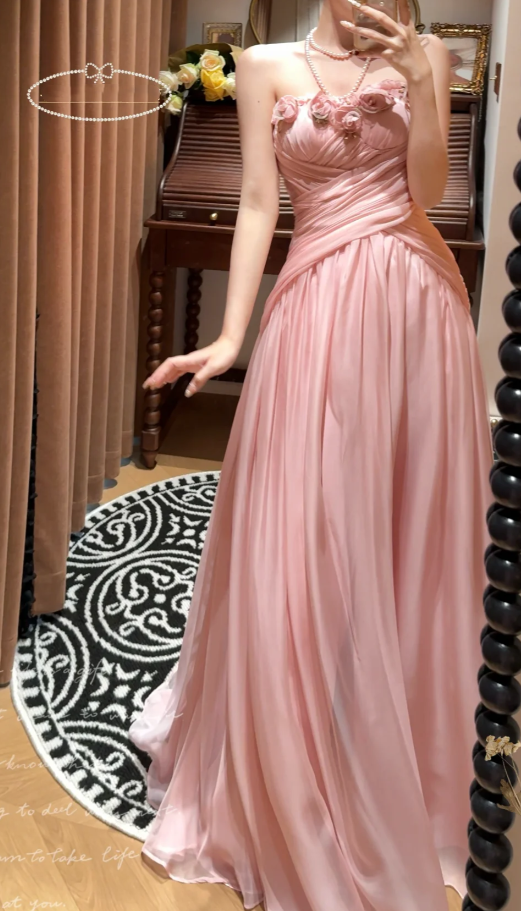 Pretty Flowers Strapless Pink Chiffon Mermaid Evening Dress Prom Gown Long Wedding Guest Dress D2052