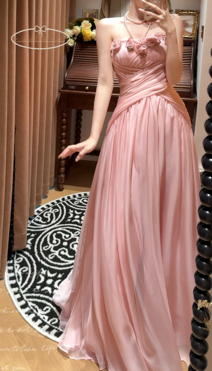 Pretty Flowers Strapless Pink Chiffon Mermaid Evening Dress Prom Gown Long Wedding Guest Dress D2052