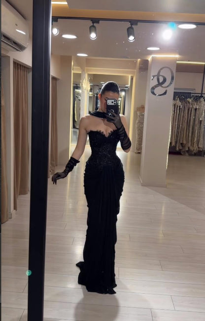 Sexy Black Chiffon Pleated Sheath Party Dress Long Evening Dresses D5197