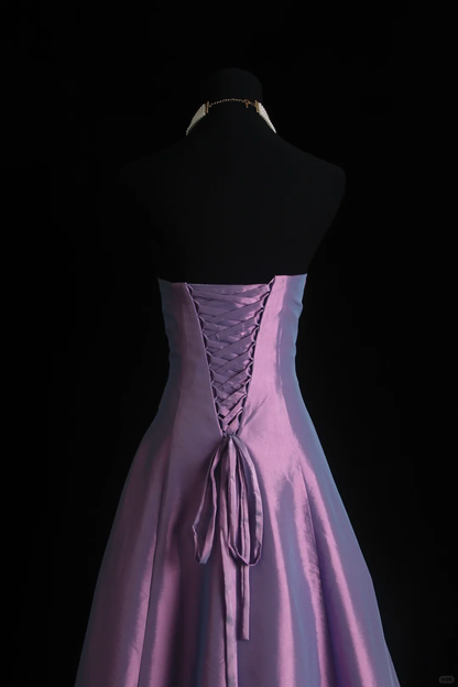 Vintage Purple Strapless Satin Beaded Long Party Dress Evening Dress D2848