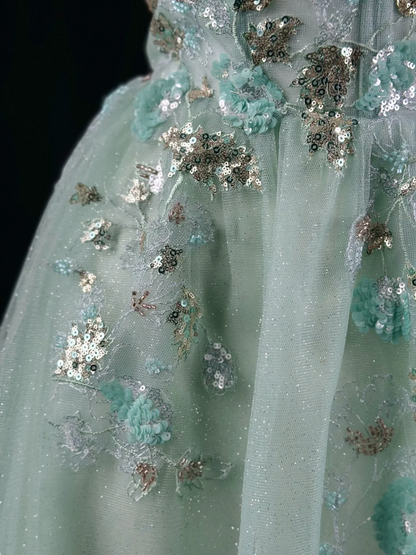 Charming Strapless Mint Green Tulle Sequin A Line Long Evening Dress Party Gown D2514
