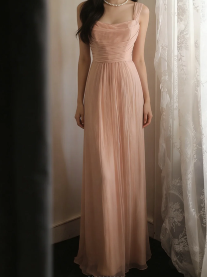 Classy Nude Pink Chiffon A Line Long Wedding Guest Dress Formal Birthday Party Dress D2314