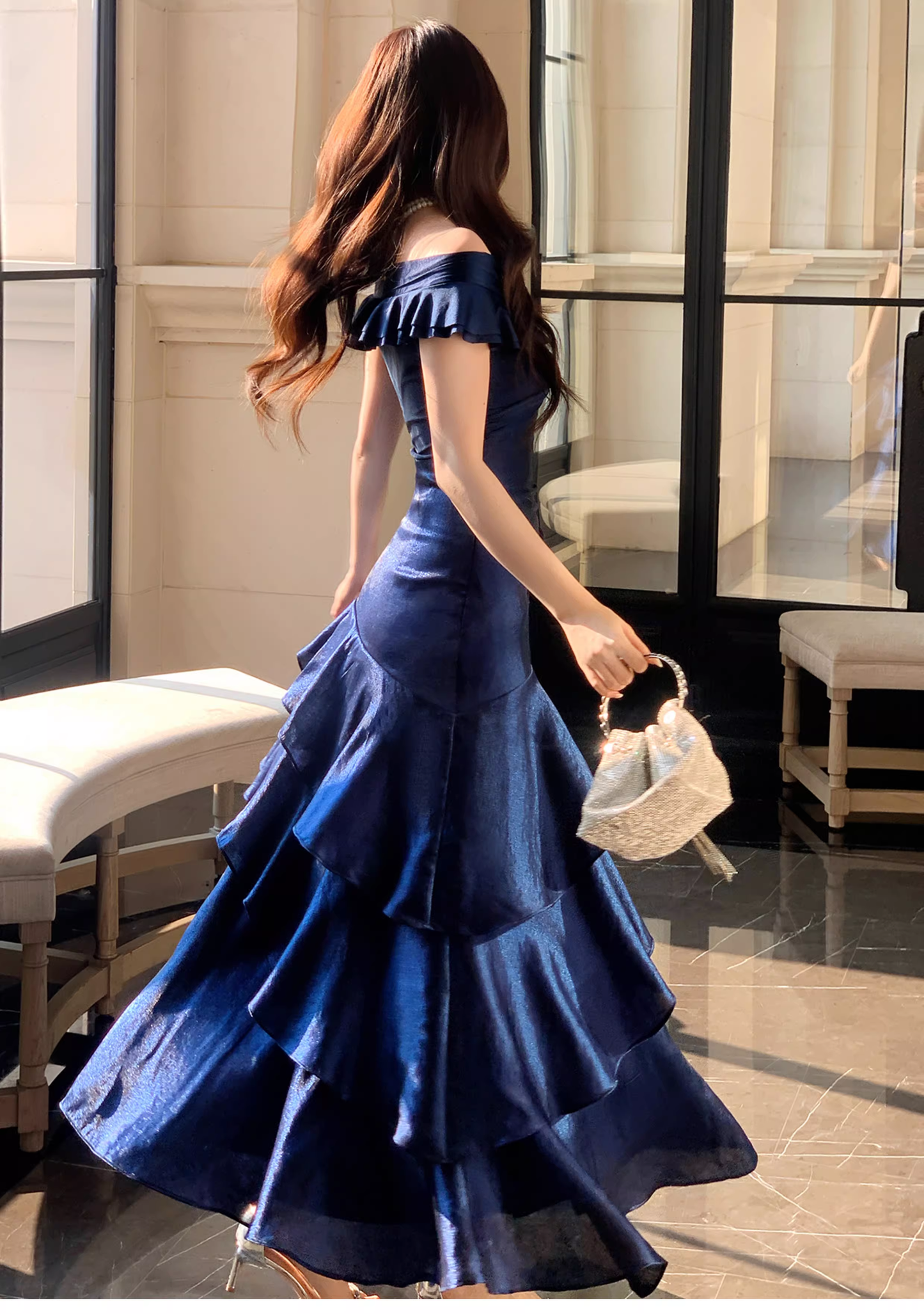 Stylish Navy Blue Off The Shoulder Satin Layered Ruffles Mermaid Long Evening Dress Prom Gown D2183
