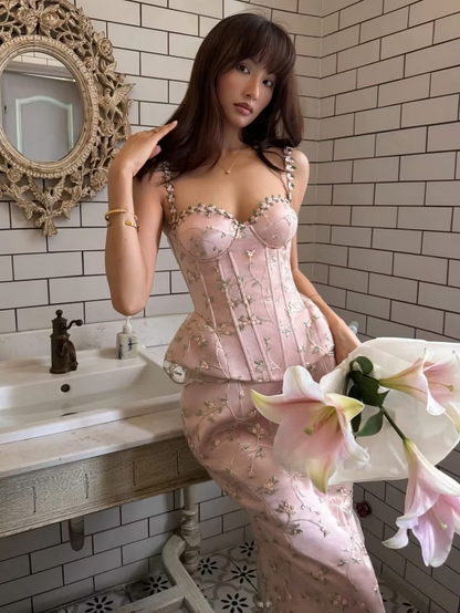 Glamorous Pink Sweetheart Neck Spaghetti Strap Satin Embroidery Flower Long Prom Dress Party Dress Two Piece D4394