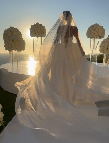Elegant White Spaghetti Straps Satin Ball Gown Long Wedding Dress D1274
