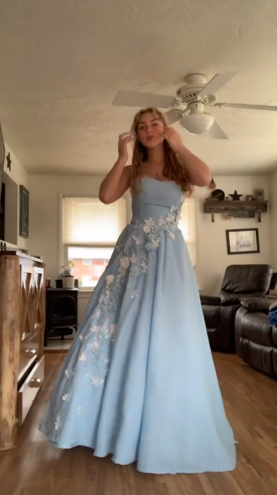 Pretty Strapless Blue Satin Appliques A Line Long Party Dress Birthday Prom Dress D4981
