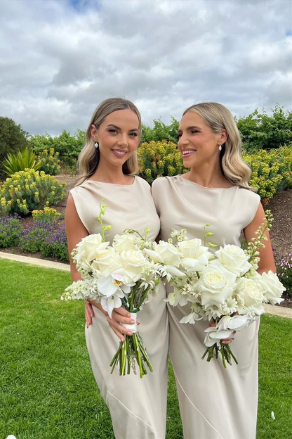 Elegant Sleeveless Ivory Satin Long Wedding Guest Dress Formal Bridesmaid Dress D1113