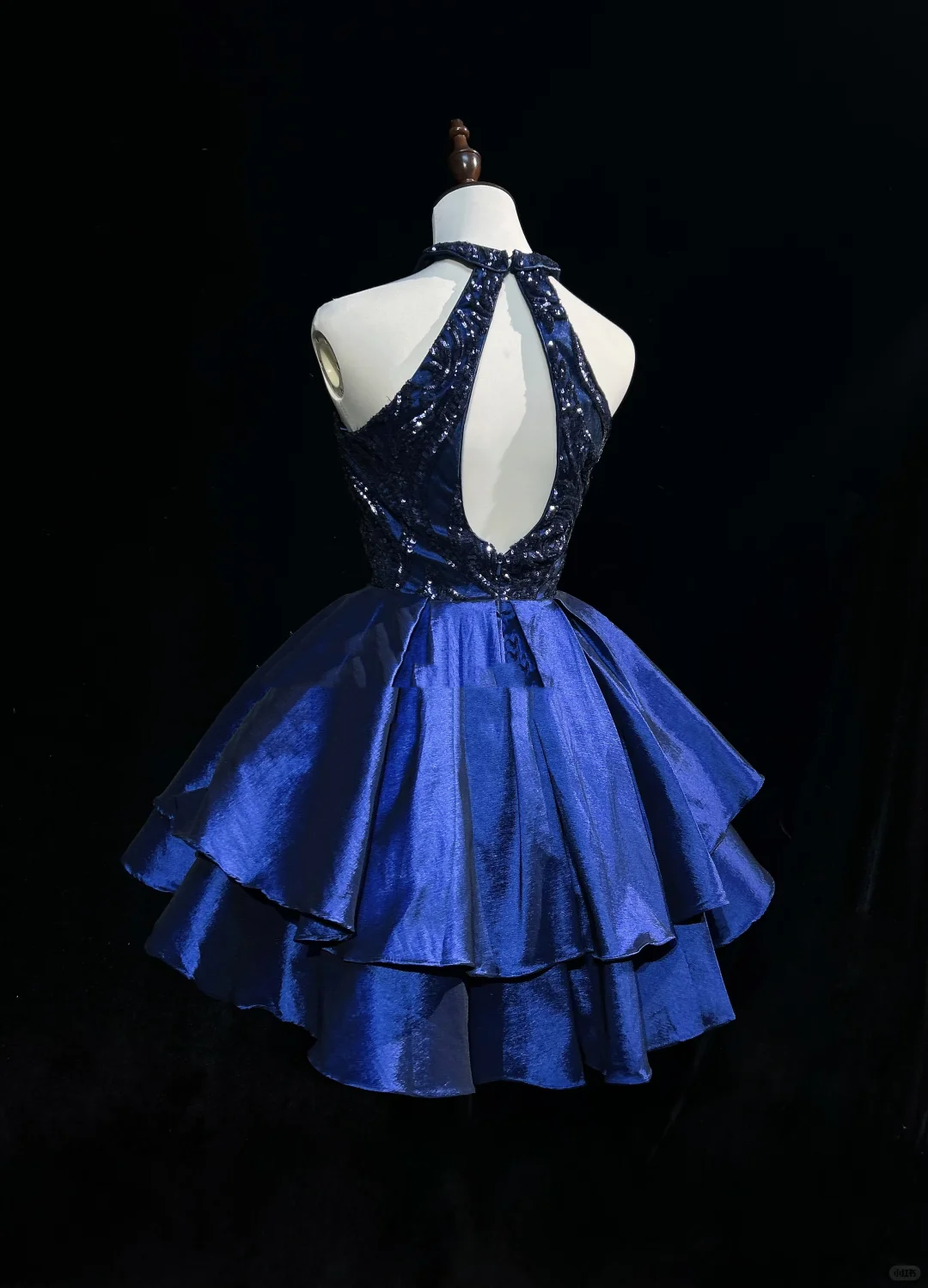 Fashion Halter Navy Blue Satin Sequin A Line Short Homecoming Dress Birthday Outfits D3355