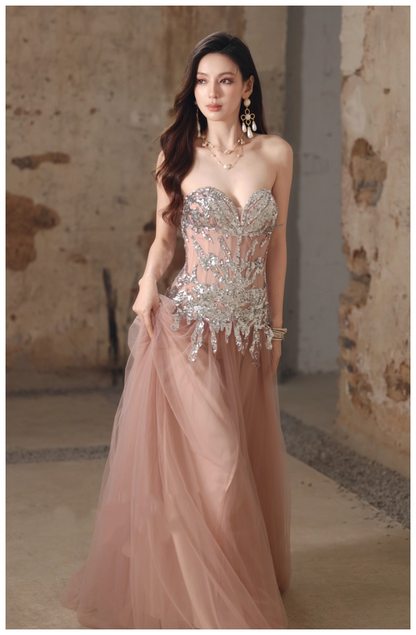 Pretty Pink Sweetheart Neck Tulle Sequin A Line Slit Long Evening Dress Party Gown D2408