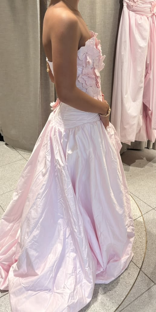Pretty Strapless Satin Pleated Appliques Long Party Dress,Pink Long Evening Dress D3912
