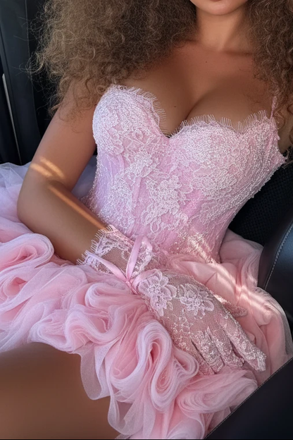 Glamorous Strapless Corset Tulle Ruffle Mini Birthday Dress,Pink Short Graduation Homecoming Dress D4251