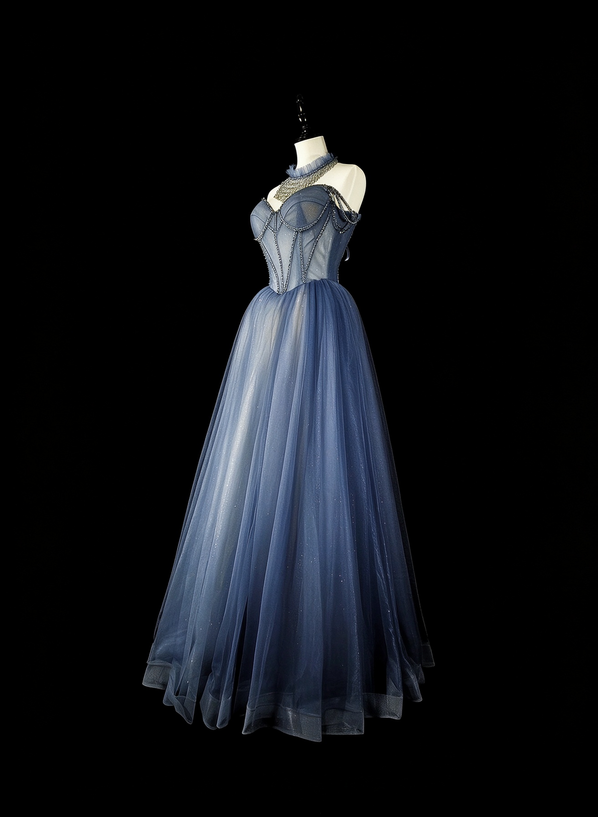 Charming Off The Shoulder Tulle Sequin Beaded Long Prom Dress Blue Evening Dress D5384