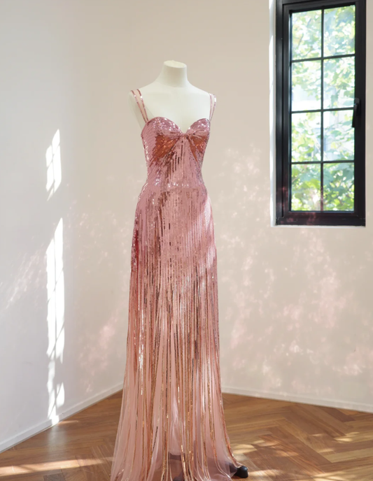 Sparkly Spaghetti Straps Pink Sequin Long Birthday Party Dress Evening Gown D2145