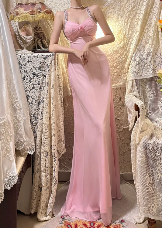 Classy Pink V Neck Chiffon Beaded Mermaid Long Wedding Guest Dress Formal Evening Dress D21119