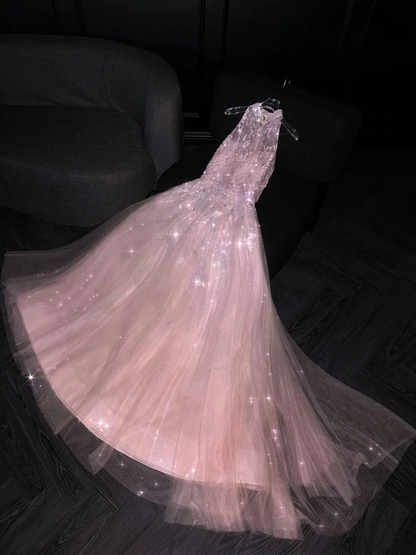 Shiny Pink Tulle Lace Sequin Beaded Mermaid Long Evening Dress 18th Birthday Gowns Prom Dresses D4562