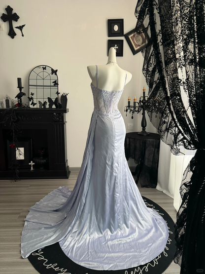Charming Lilac Satin Sequin Slit Mermaid Prom Dress,Spaghetti Straps Long Evening Dress D3704