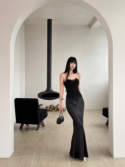 Pretty Lace Appliques Strapless Mermaid Evening Dress Party Dress,Black Satin Long Wedding Guest Dress D2089