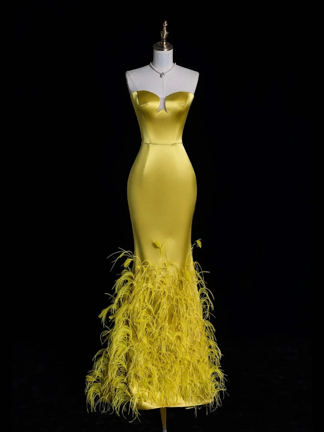 Unique Sweetheart Neck Satin Long Party Dress Yellow Mermaid Long Evening Dress With Feathers D4854