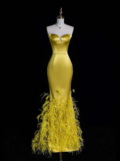 Unique Sweetheart Neck Satin Long Party Dress Yellow Mermaid Long Evening Dress With Feathers D4854