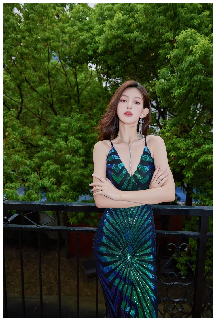 Vintage Green Spaghetti Straps Sequin Mermaid Long Evening Dress Birthday Dress D2447