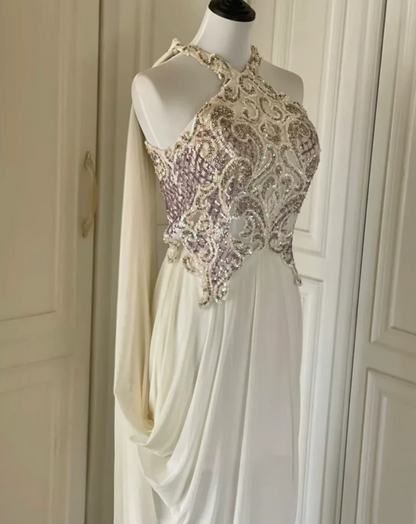 Classy Sleeveless White Sequin Beaded Satin Chiffon Mermaid Long Prom Dress Evening Dress D3104
