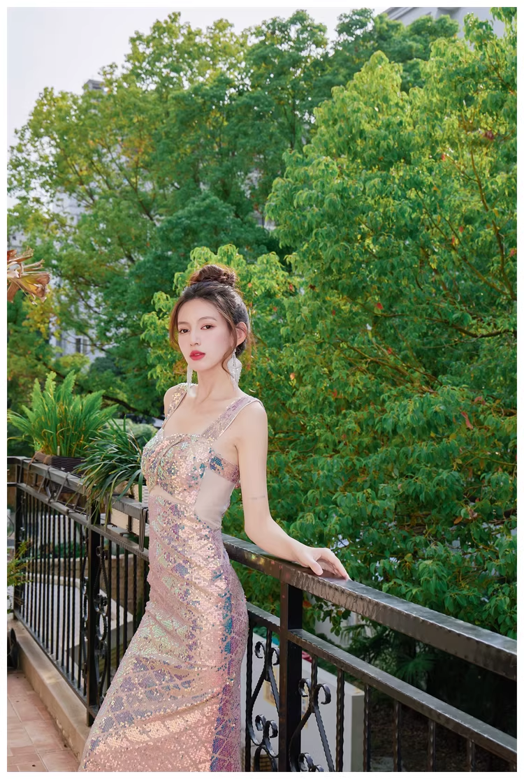 Glitter Spaghetti Straps Sequin Mermaid Long Party Dress Evening Gown With Bow D2448