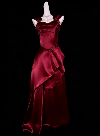 Fashion Burgundy Satin Pleated Long Birthday Party Dress,Formal Wedding Guest Dress D4202