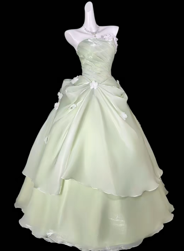 Glamorous Green Strapless Tulle Pleated Appliques Long Party Dress Birthday Prom Gown D4171