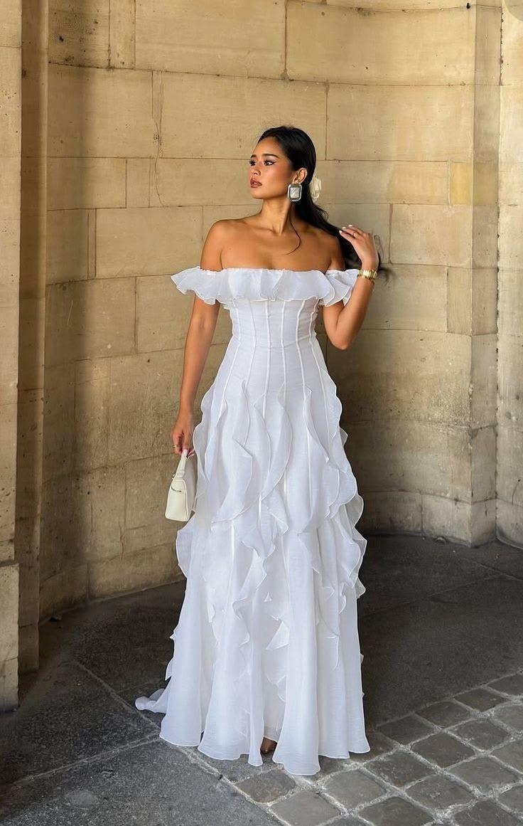 Pretty Off The Shoulder Tulle Ruffle A Line Party Dress White Long Prom Dress D5050