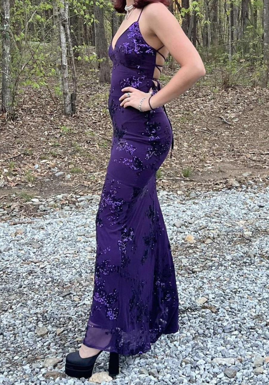 Sexy V Neck Purple Satin Sequin Backless Mermaid Evening Dress Long Party Dress D1214