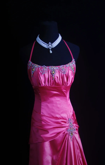 Pretty Hot Pink Halter SAtin Beaded Long Evening Dress Party Gown D4568