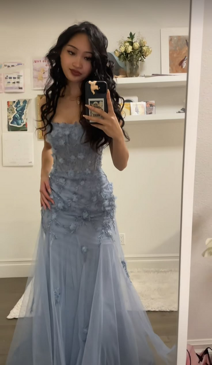 Elegant Spaghetti Straps Blue Tulle Appliques Mermaid Long Party Dress Prom Gown D4984