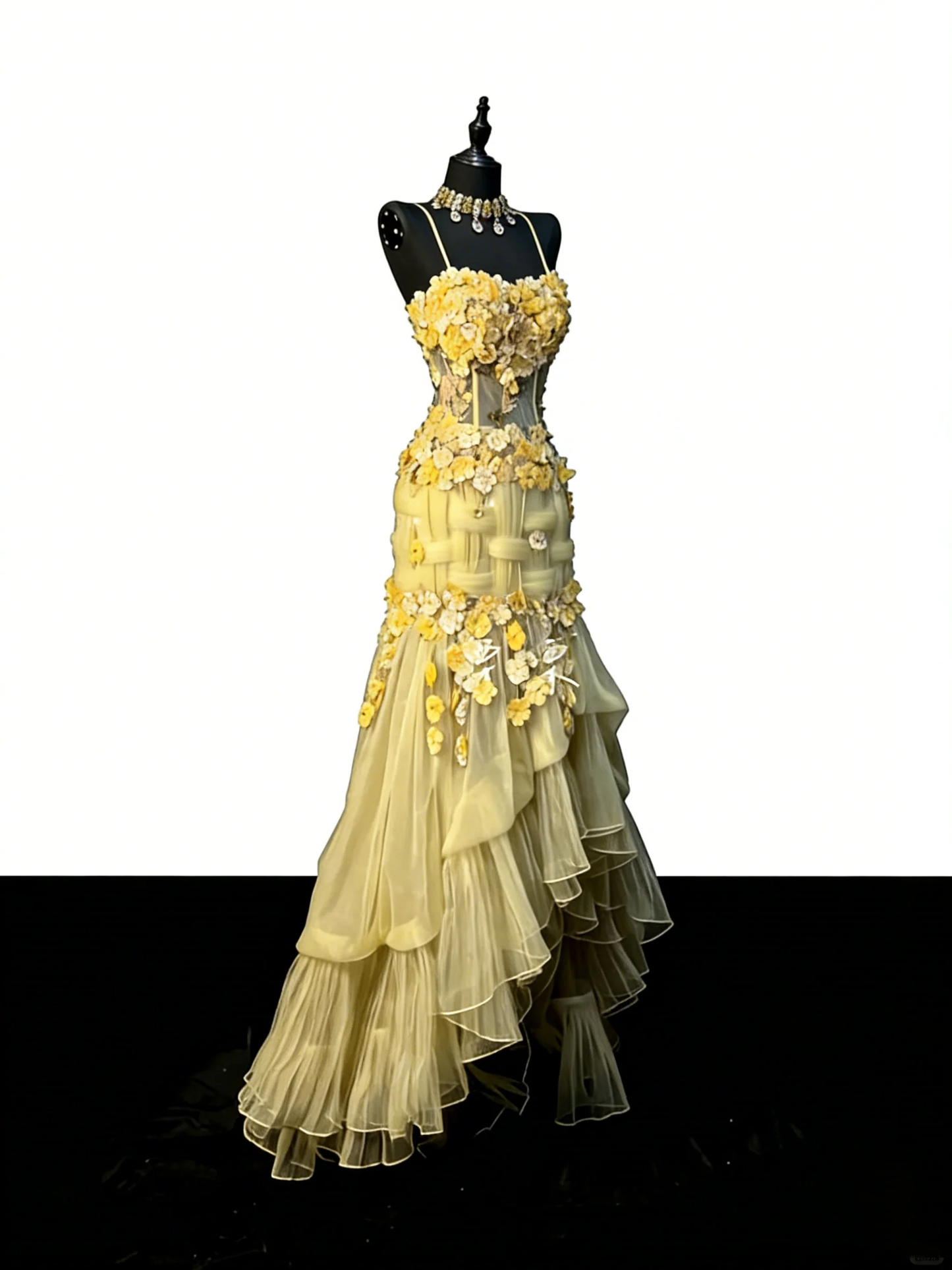 Unique Mermaid Spaghetti Strap Yellow Tulle Flowers 1950s Long Prom Dresses Party Dress 18th Birthday Outfits D4269