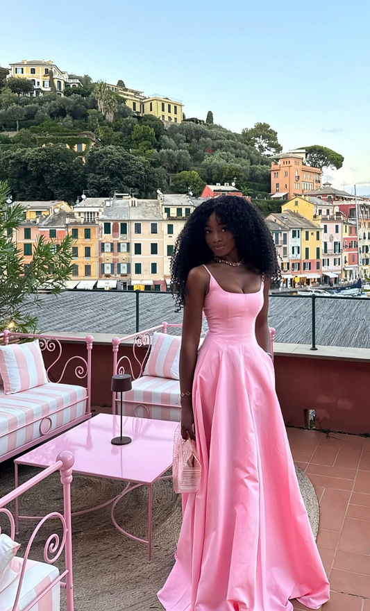 Simple Spaghetti Straps Satin Long Wedding Guest Dress,Pink Long Prom Dress Party Gown D3549