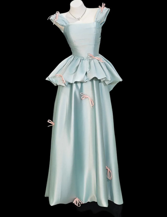Pretty Blue Off The Shoulder Satin Long Birthday Party Dress Prom Gown With Bow D2337