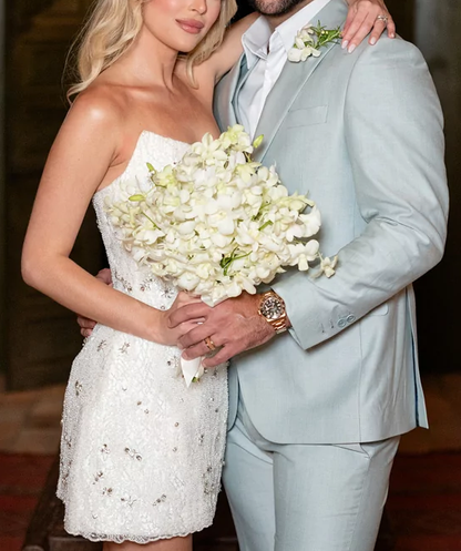 Classy Strapless White Sheath Short Formal Wedding Dress Bridal Dress D202