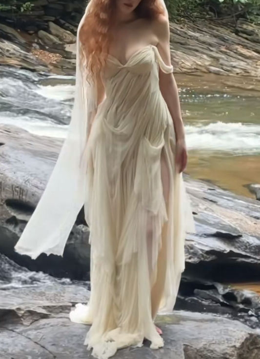 Charming Off The Shoulder Apricot Chiffon Pleated Slit Long Wedding Dress Formal Bridal Dress With Veil  D1182