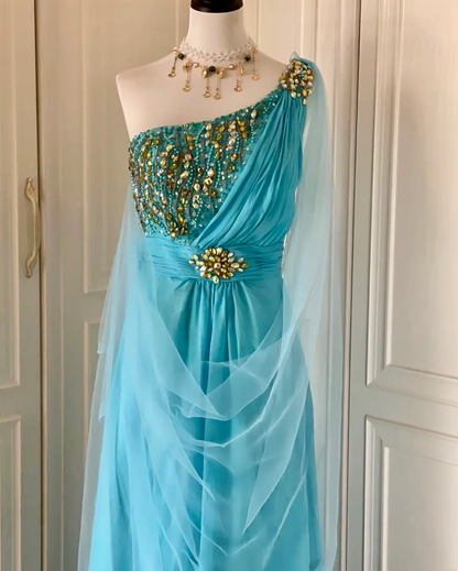 Stylish One Shoulder Blue Satin Tulle Beaded Mermaid Long Prom Dress Evening Dress D3093