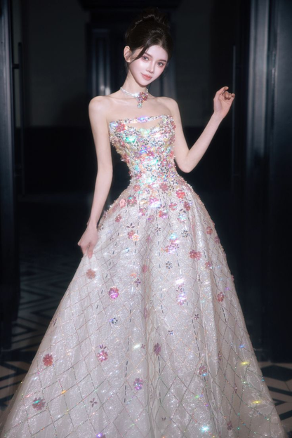 Charming Strapless White Tulle Sequin Beaded Birthday Prom Dress Princess Party Dress D1225