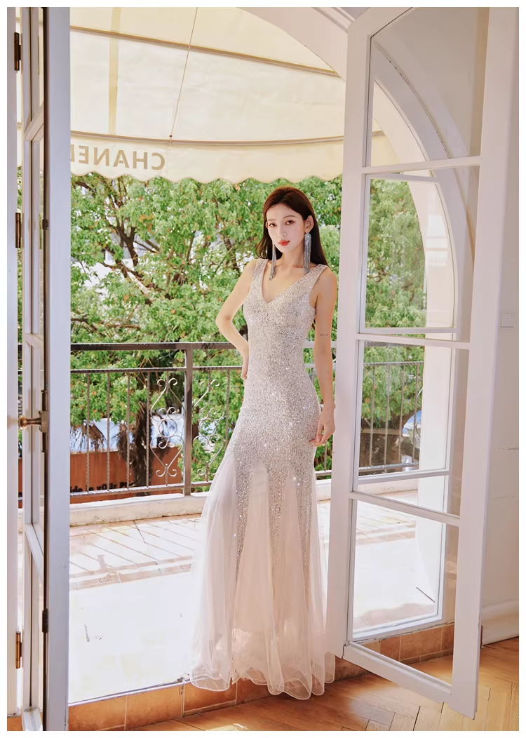 Glitter V Neck Champagne Silver Sequin Tulle Mermaid Long Evening Dress Party Gown D2399
