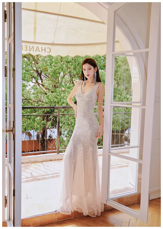 Glitter V Neck Champagne Silver Sequin Tulle Mermaid Long Evening Dress Party Gown D2399