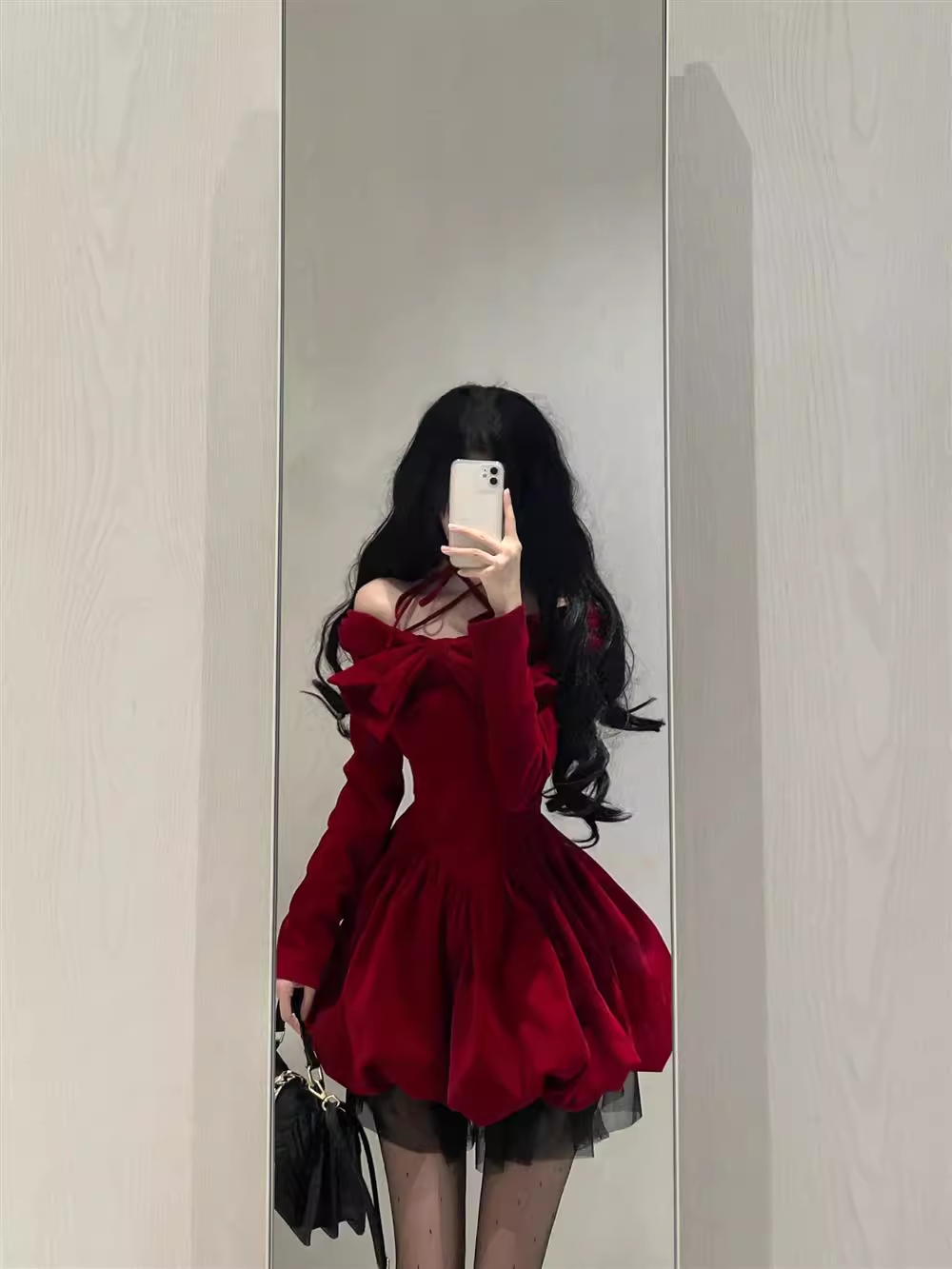 Cute Ball Gown Long Sleeves Velvet Red Short Cocktail Dresses Birthday Outfits SD572