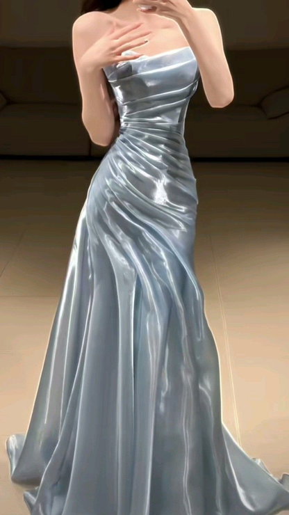 Pretty Strapless Tulle Pleated Mermaid Evening Dress Party Dress Sky Blue Long Wedding Guest Dress D1893