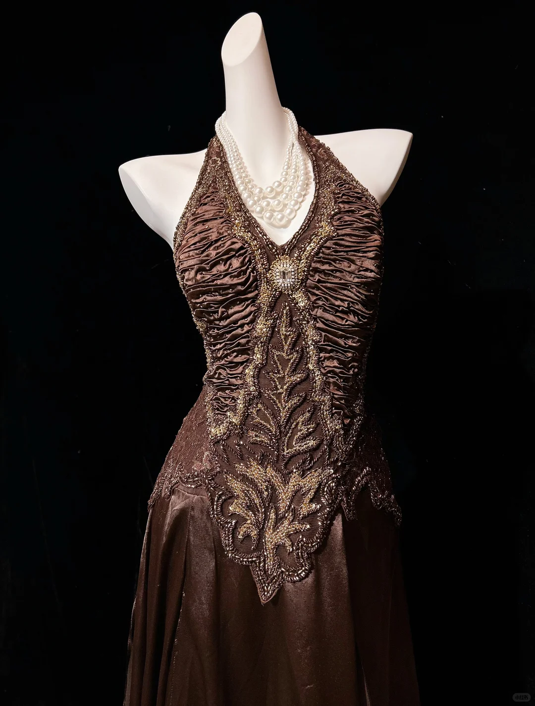 Retro Halter V Neck Brown Satin Beaded A Line Slit Long Party Dress Birthday Dress D2844