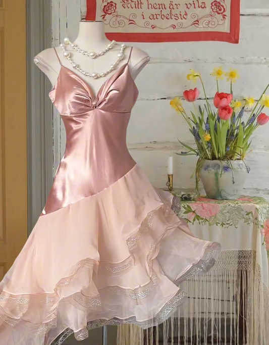 Cute Pink Spaghetti Straps Satin Tulle Ruffles Short 20th Birthday Outfits Homecoming Dress D651