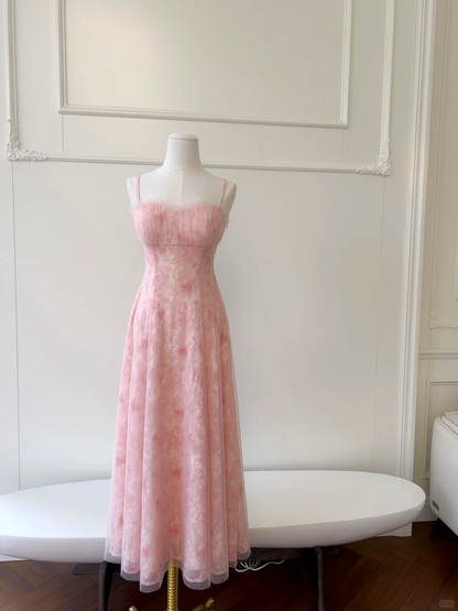 Pretty Spaghetti Straps Pink Tulle Lace A Line Long Evening Dress Prom Dress D2981