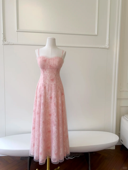 Pretty Spaghetti Straps Pink Tulle Lace A Line Long Evening Dress Prom Dress D2981