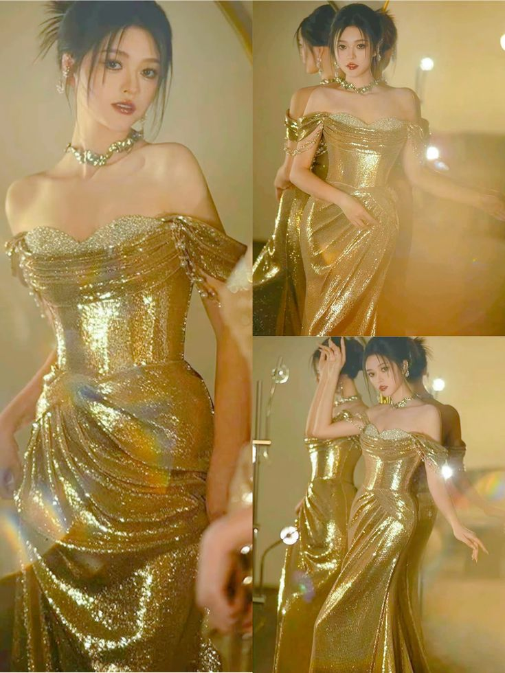 Beautiful Gold Sequin Beaded Evening Dress Off The Shoulder Long Mermaid Prom Dress  S209